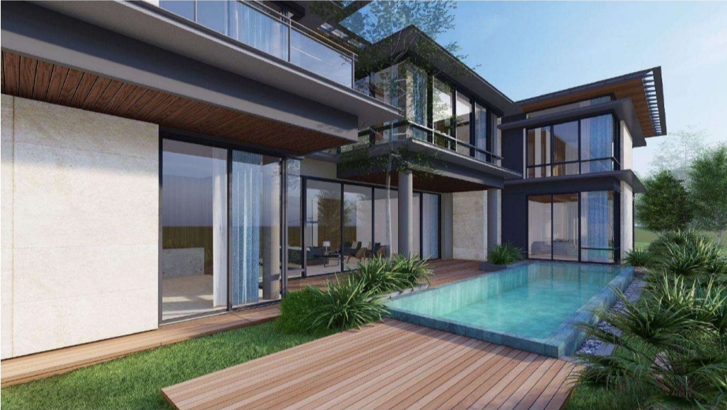 Swimming pool with timber sun deck framed by the lanai and glass walls