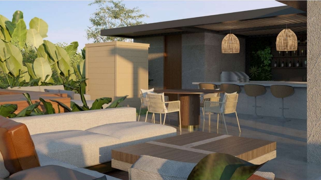 Roof deck lounge and bar with grill counter and woven pendant lighting