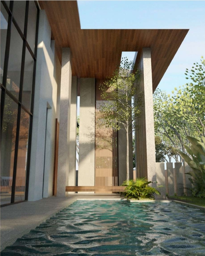 Swimming pool running alongside the glazed living wall and timber-lined soffit