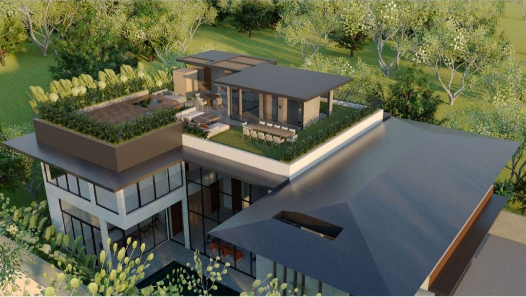 Aerial render showing the roof deck pavilion, planters and the estate's pitched roof