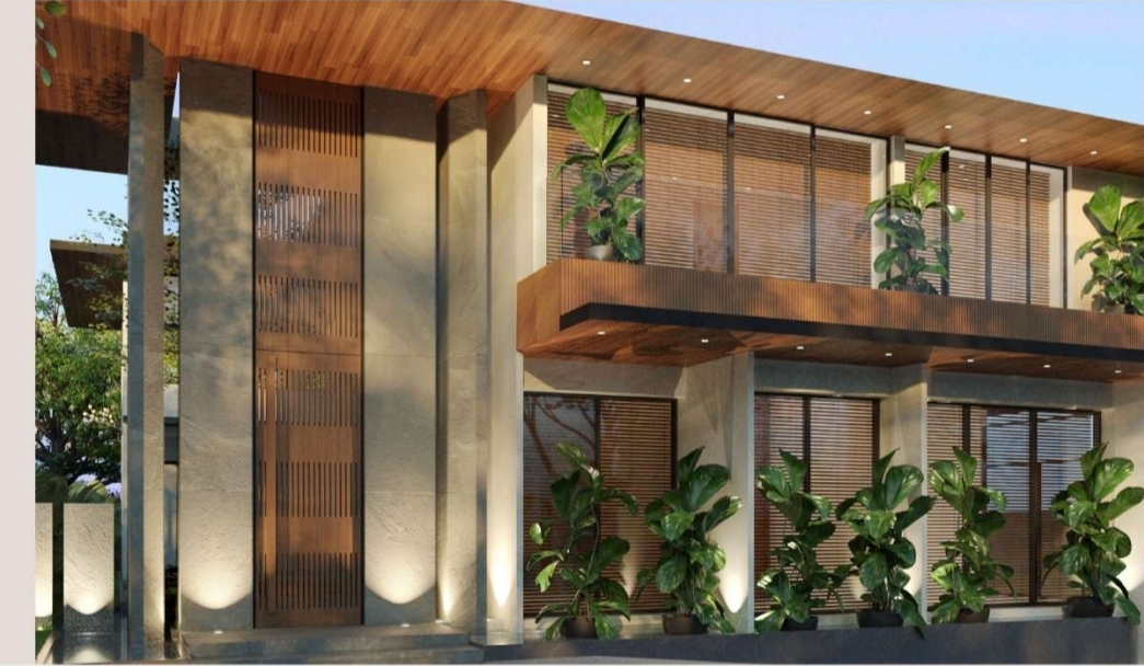 Entrance detail with tall slatted timber pivot door and stone piers