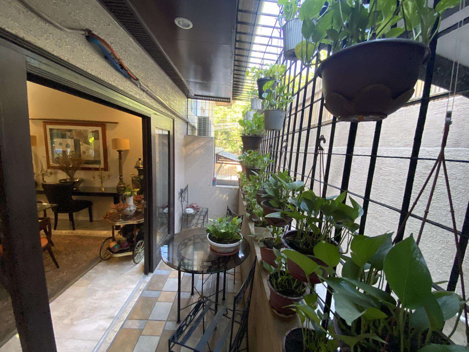 Plant-filled balcony terrace beside the dining room